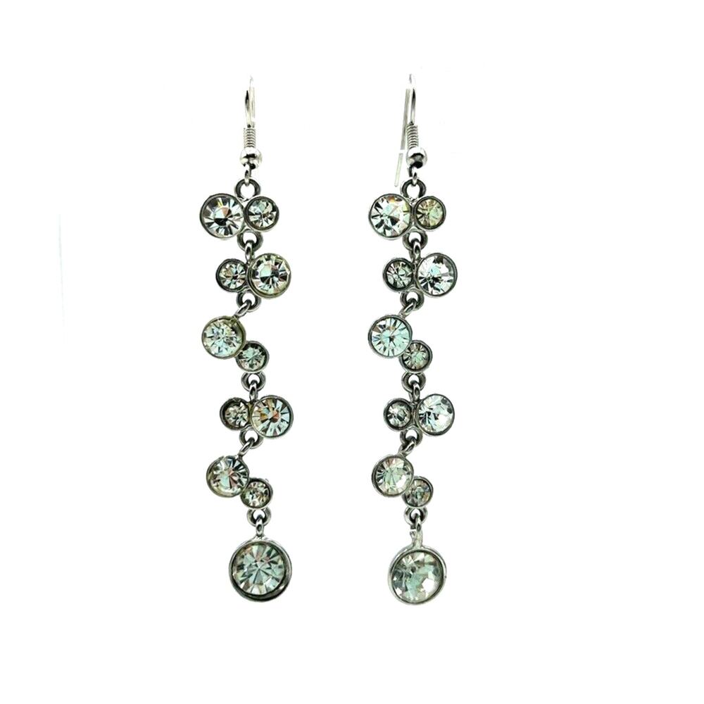 Vintage White Rhinestone Dangle Drop Silver Tone Fish Hook Earrings Long 3"